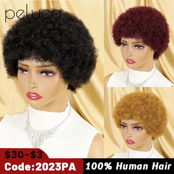 Trumpas Afro Keistą Garbanoti Perukai Moterims Žmogaus Plaukai Remy Plaukų Žmogaus Plaukų Perukai Glueless Mašina Padarė Perukas Ombre Ruda Bordo 99J