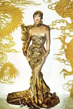 Kinų stiliaus Aukso drakonas Ilgą vakarinę suknelę kartus muzikos koncertas kostiumas etape šou garsenybių suknelės