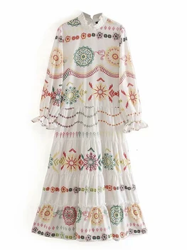 Bohemijos Suknelė Moterims 2023 Vasaros Atsitiktinis Laisvas Ilgas Sukneles Elegantiškas Vinatge Spausdinti Sujungimas Plisuotos Balta Suknelė