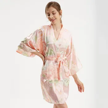 Satino Moterų Chalatas Kimono Suknelė Seksualus Spausdinti Gėlių Nightdress Šilkiniai Nuotaka Bridesmaid, Vestuvių Apdarą Sleepwear Minkštas Namų Drabužiai