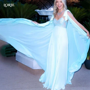 LORIE Royal Blue Oficialią Vakaro Suknelės Lankas Lace A-Line Boho Dubajus Prom Chalatai Appliques Klostuotas Sijonas Arabija Sławna Dress