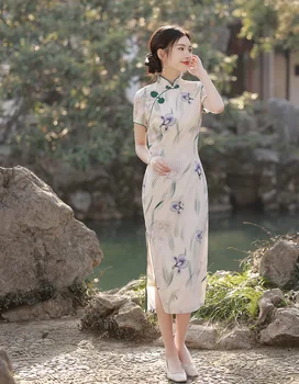 Tradicinis Moterų Rankų darbo Mygtukai Qipao Seksualus Gėlių Spausdinti Satino Cheongsam Elegantiškas Retro Kinijos Kasdien Suknelė