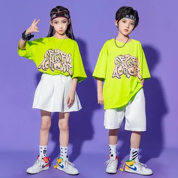 Vaikas Hip-Hop Drabužių Žalia Grafinis Tee Negabaritinių Marškinėliai Viršuje Streetwear Vasaros Šortai, Sijonas Mini Girl Berniukas Džiazo Šokio Kostiumas