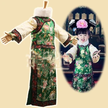 Shanxiang Čing Dinastija Mažai Emperess ar Princesės Kostiumu Green Satino Audiniai Qifu Žiemos Kostiumų Hanfu Helovinas