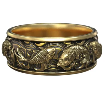 10.5 g Karpiai Koi Žuvis, Japonijos Tradicinių Ornamentu Juostoje, Aukso Žiedas 925 Kietas Sterlingas Sidabro Žiedas