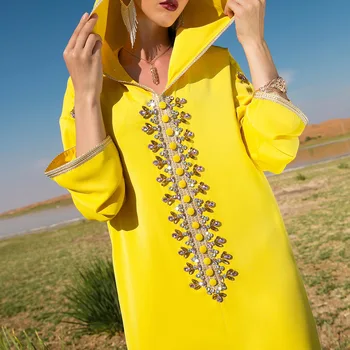 Nemokamas Pristatymas Ryškiai Geltonos Vertus Siuvimo Gręžimo Susiuvimo Aukso Juostele Suknelė Musulmonų moteriški Drabužiai Agbaya Suknelės Moterims