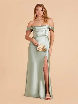 Mermaid/Trimitas Elegantiškas Off-The-Pečių Rankovių Grindų Ilgis Šilko Satino Bridesmaid Dresses Su Aukštos Ritininės Vestuvėms Svečias