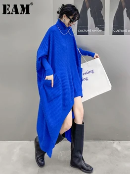 [EAM] Moterys, Mėlyna Nereguliarus Didelis Dydis Mezgimo Suknelė Naują Golfo ilgomis Rankovėmis Palaidi Tinka Mados Banga Rudens Žiemos 2023 1DE4224
