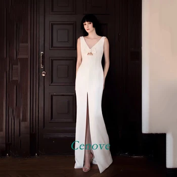 Cenove V kaklo promenadzie suknelė baltos spalvos berankovė vakarinę suknelę Reguliariai Dirželiai padalinta elegantiškas šalis suknelės moterims 2023